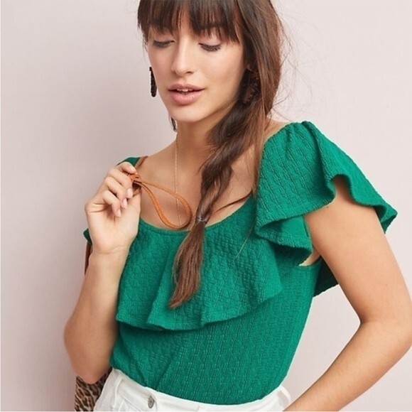 Anthropologie Textured Off-The Shoulder Top in Kelly Green S NWOT - Picture 1 of 11